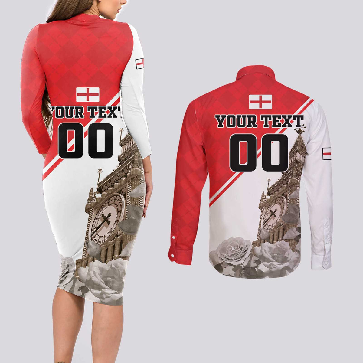 Custom England Rose Couples Matching Long Sleeve Bodycon Dress and Long Sleeve Button Shirt With Big Ben - Wonder Print Shop