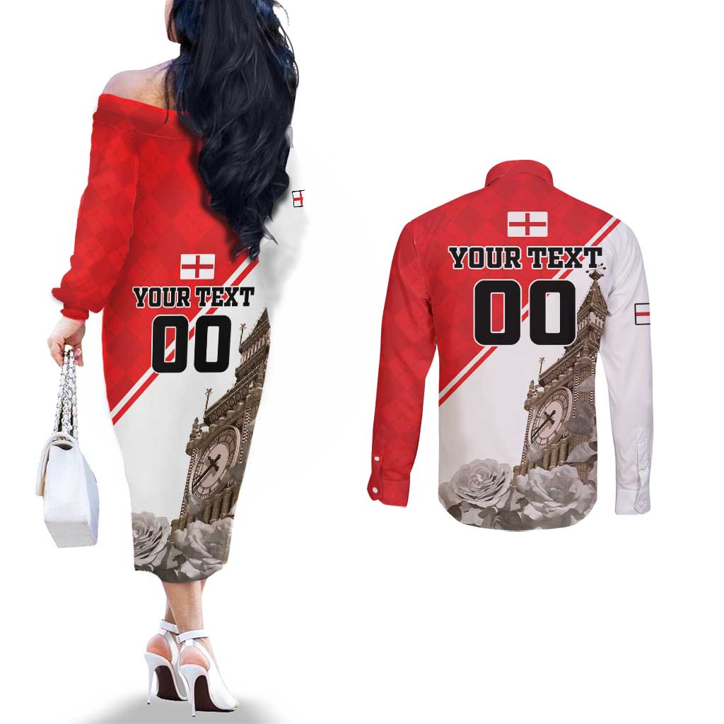 Custom England Rose Couples Matching Off The Shoulder Long Sleeve Dress and Long Sleeve Button Shirt With Big Ben