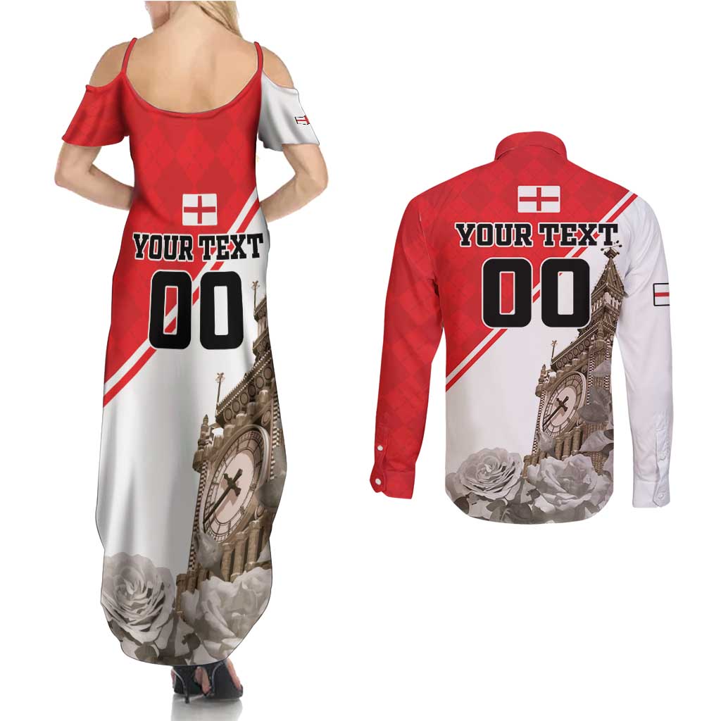 Custom England Rose Couples Matching Summer Maxi Dress and Long Sleeve Button Shirt With Big Ben - Wonder Print Shop