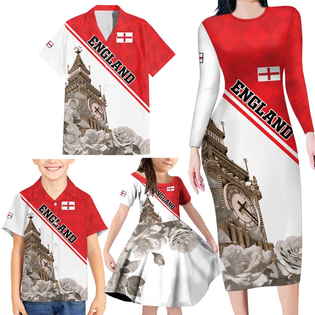 Custom England Rose Family Matching Long Sleeve Bodycon Dress and Hawaiian Shirt With Big Ben - Wonder Print Shop