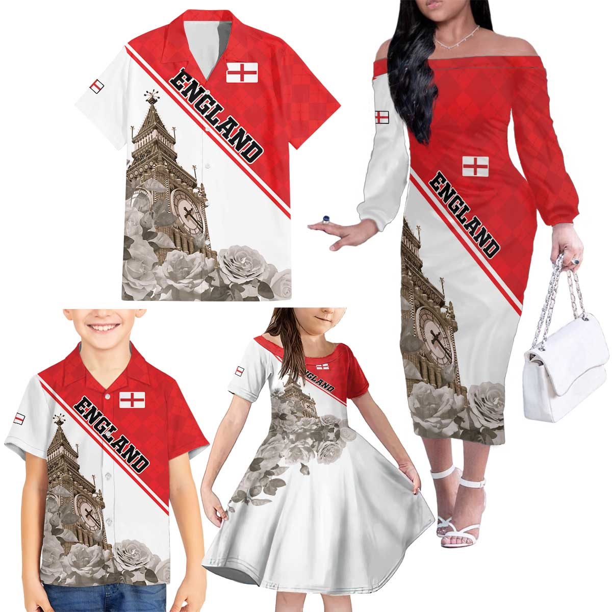 Custom England Rose Family Matching Off The Shoulder Long Sleeve Dress and Hawaiian Shirt With Big Ben - Wonder Print Shop