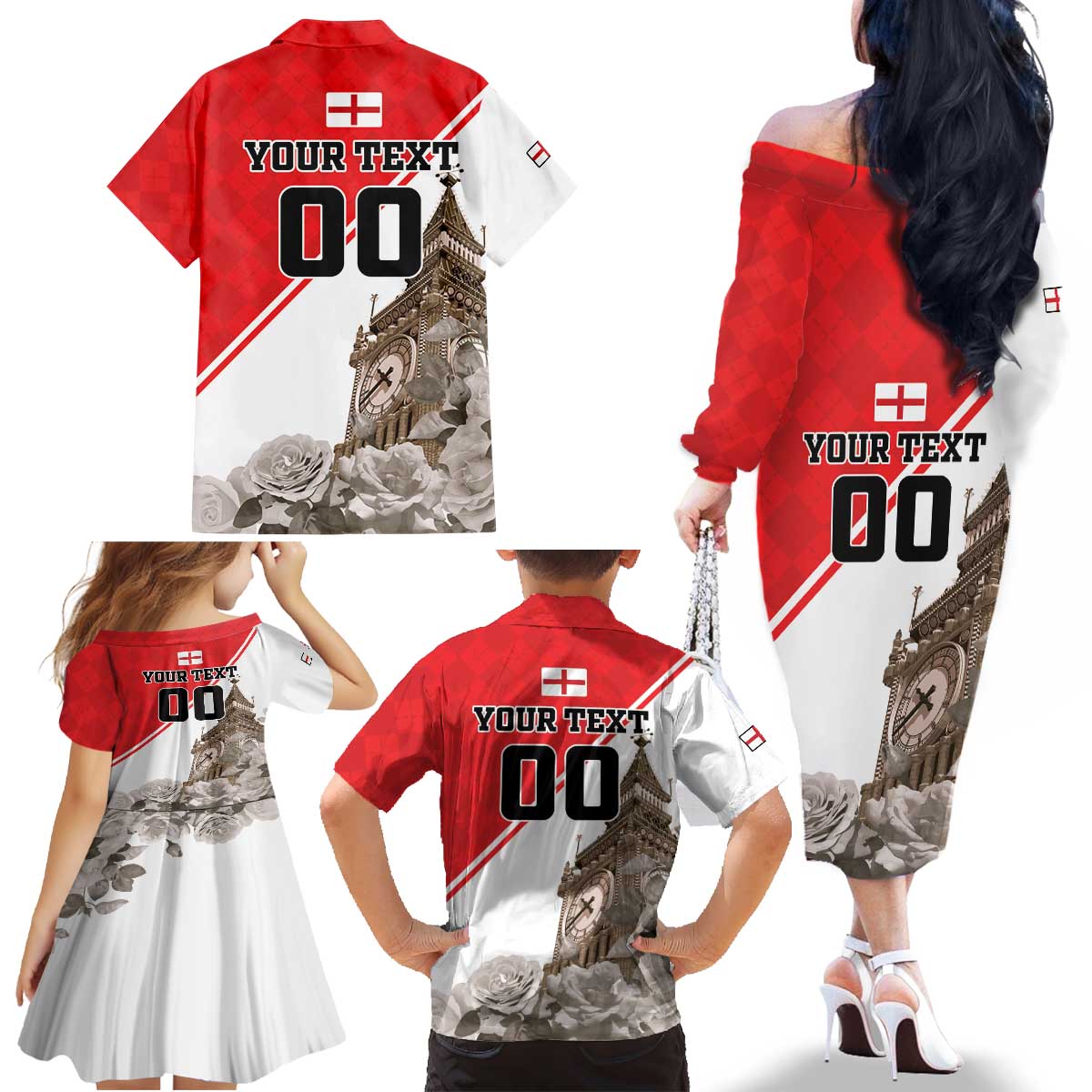 Custom England Rose Family Matching Off The Shoulder Long Sleeve Dress and Hawaiian Shirt With Big Ben - Wonder Print Shop
