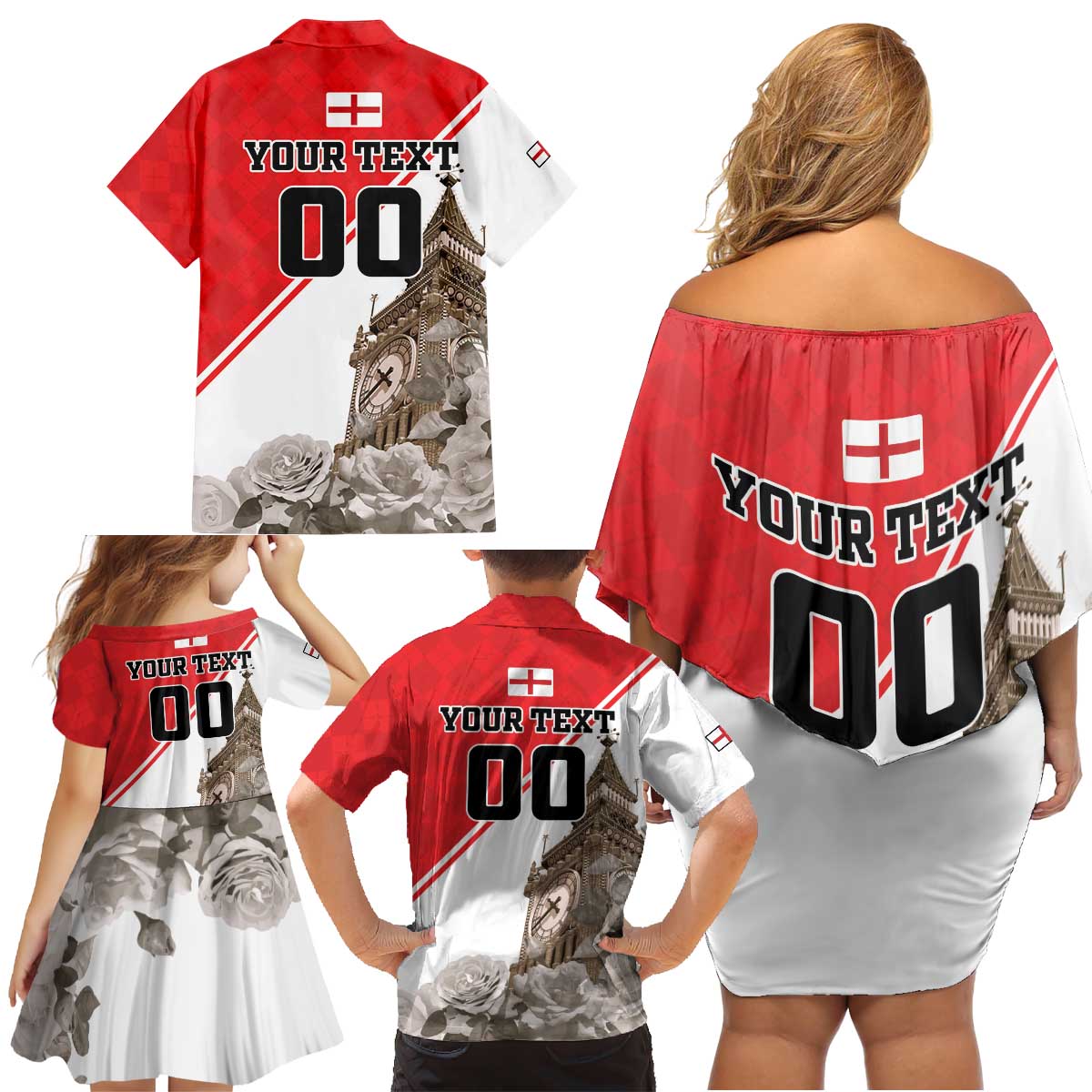 Custom England Rose Family Matching Off Shoulder Short Dress and Hawaiian Shirt With Big Ben - Wonder Print Shop