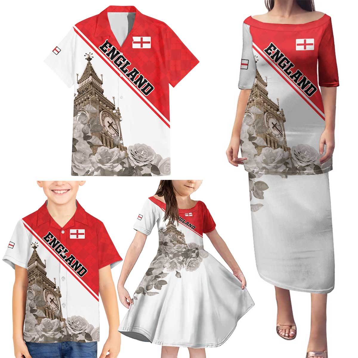 Custom England Rose Family Matching Puletasi and Hawaiian Shirt With Big Ben - Wonder Print Shop