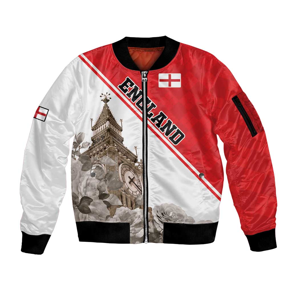 Custom England Rose Sleeve Zip Bomber Jacket With Big Ben - Wonder Print Shop