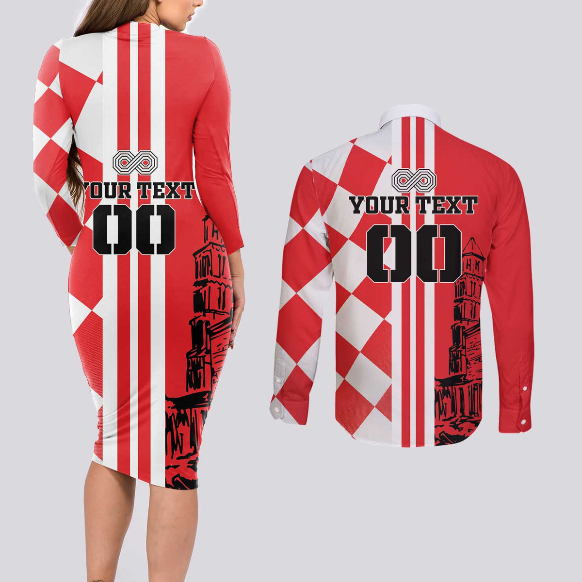 Custom Croatia Couples Matching Long Sleeve Bodycon Dress and Long Sleeve Button Shirt Checkerboard Hrvatska Simple Style - Wonder Print Shop
