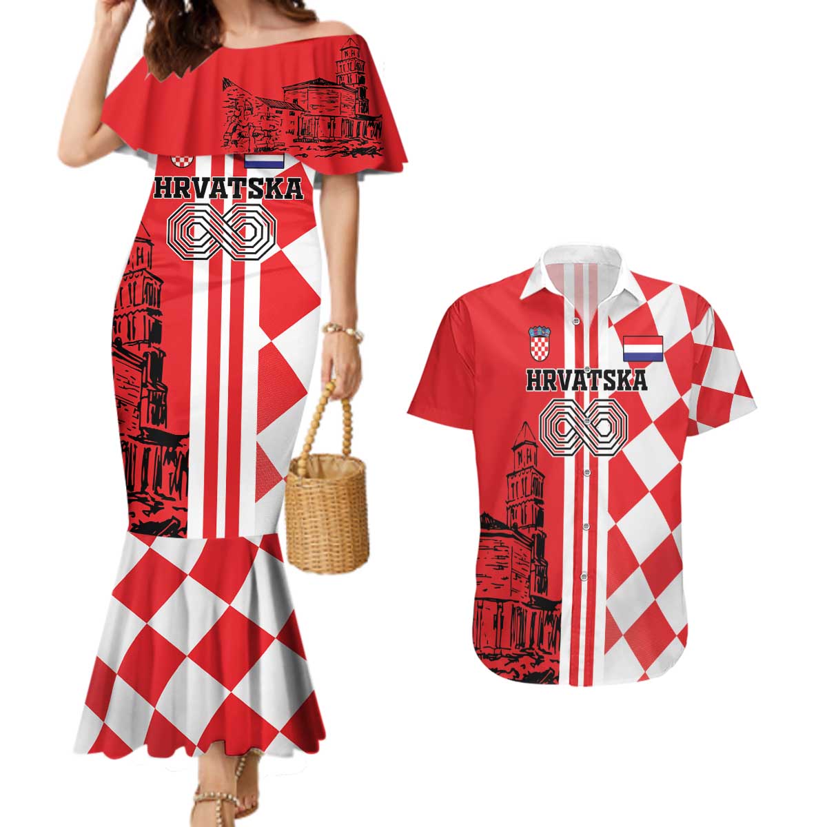 Custom Croatia Couples Matching Mermaid Dress and Hawaiian Shirt Checkerboard Hrvatska Simple Style - Wonder Print Shop