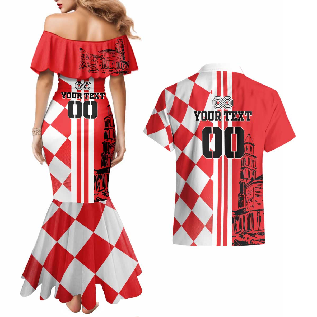 Custom Croatia Couples Matching Mermaid Dress and Hawaiian Shirt Checkerboard Hrvatska Simple Style - Wonder Print Shop