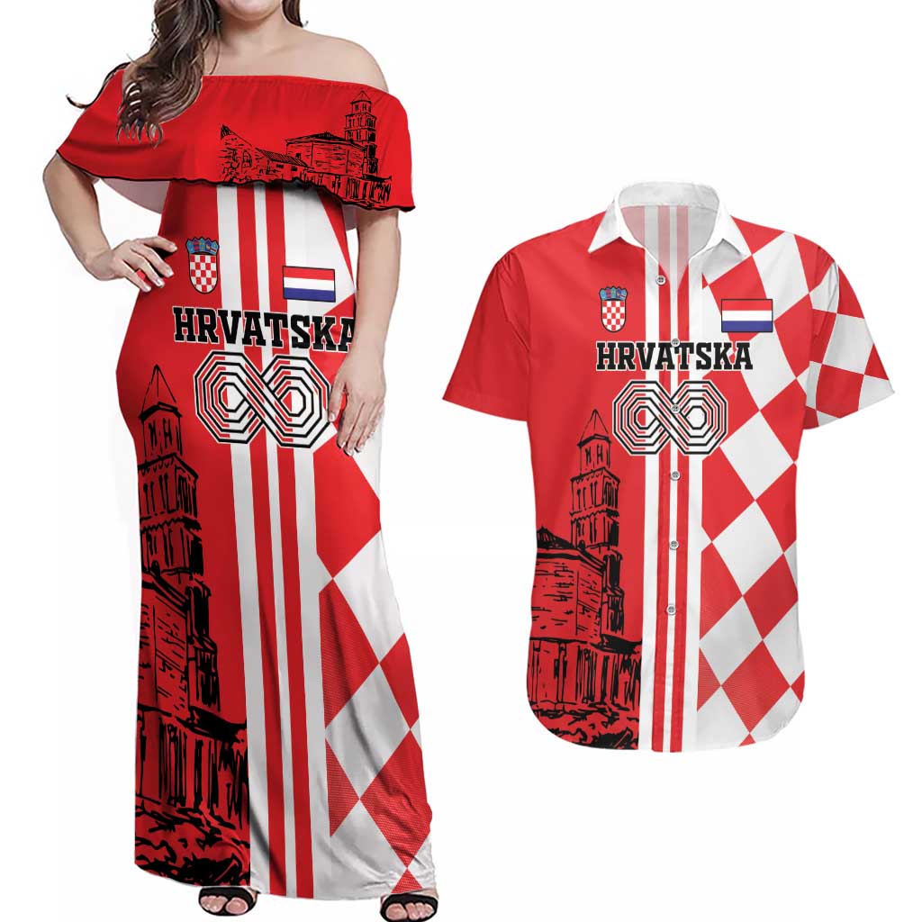 Custom Croatia Couples Matching Off Shoulder Maxi Dress and Hawaiian Shirt Checkerboard Hrvatska Simple Style - Wonder Print Shop