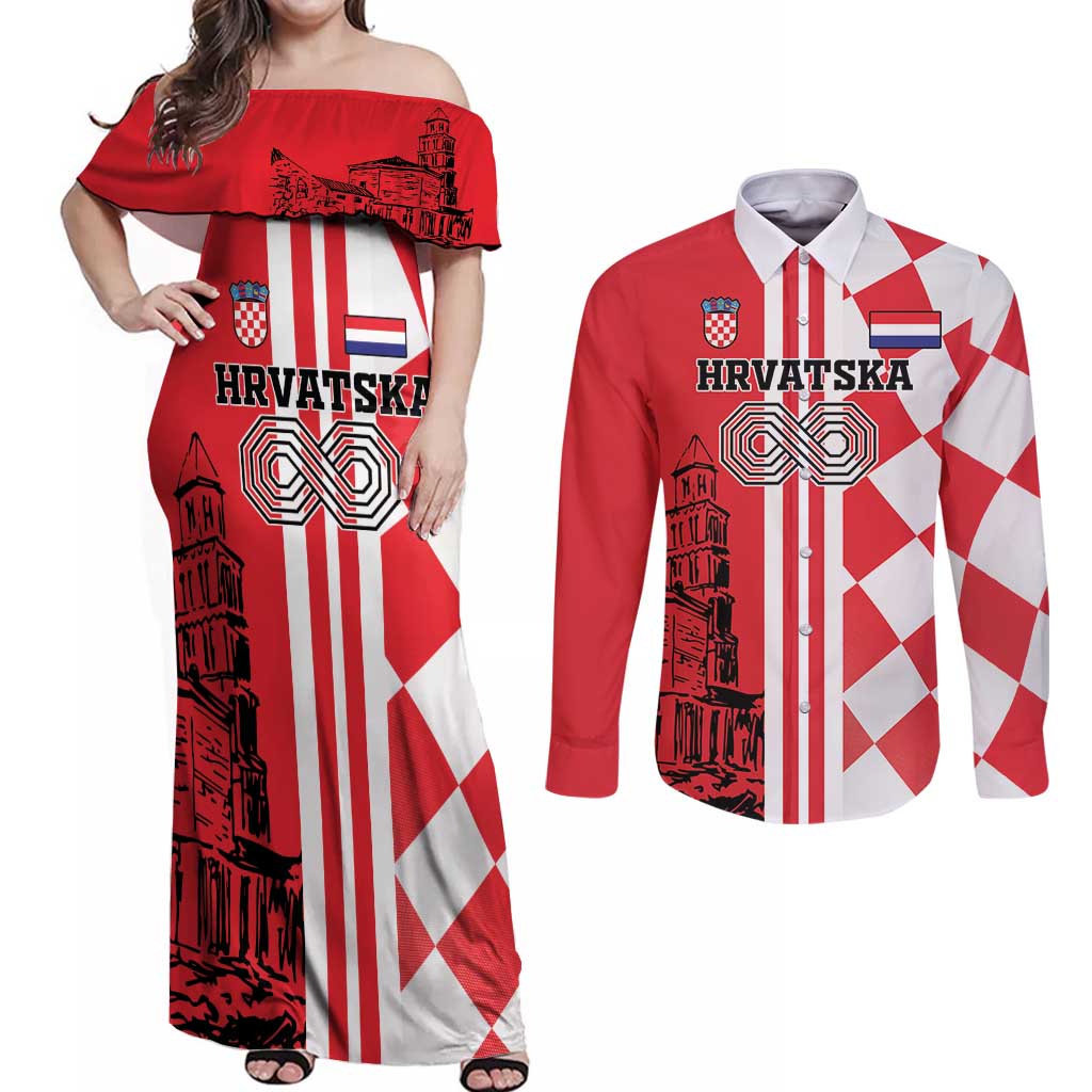 Custom Croatia Couples Matching Off Shoulder Maxi Dress and Long Sleeve Button Shirt Checkerboard Hrvatska Simple Style - Wonder Print Shop