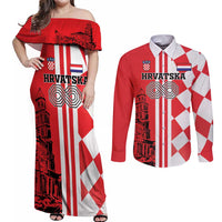 Custom Croatia Couples Matching Off Shoulder Maxi Dress and Long Sleeve Button Shirt Checkerboard Hrvatska Simple Style - Wonder Print Shop