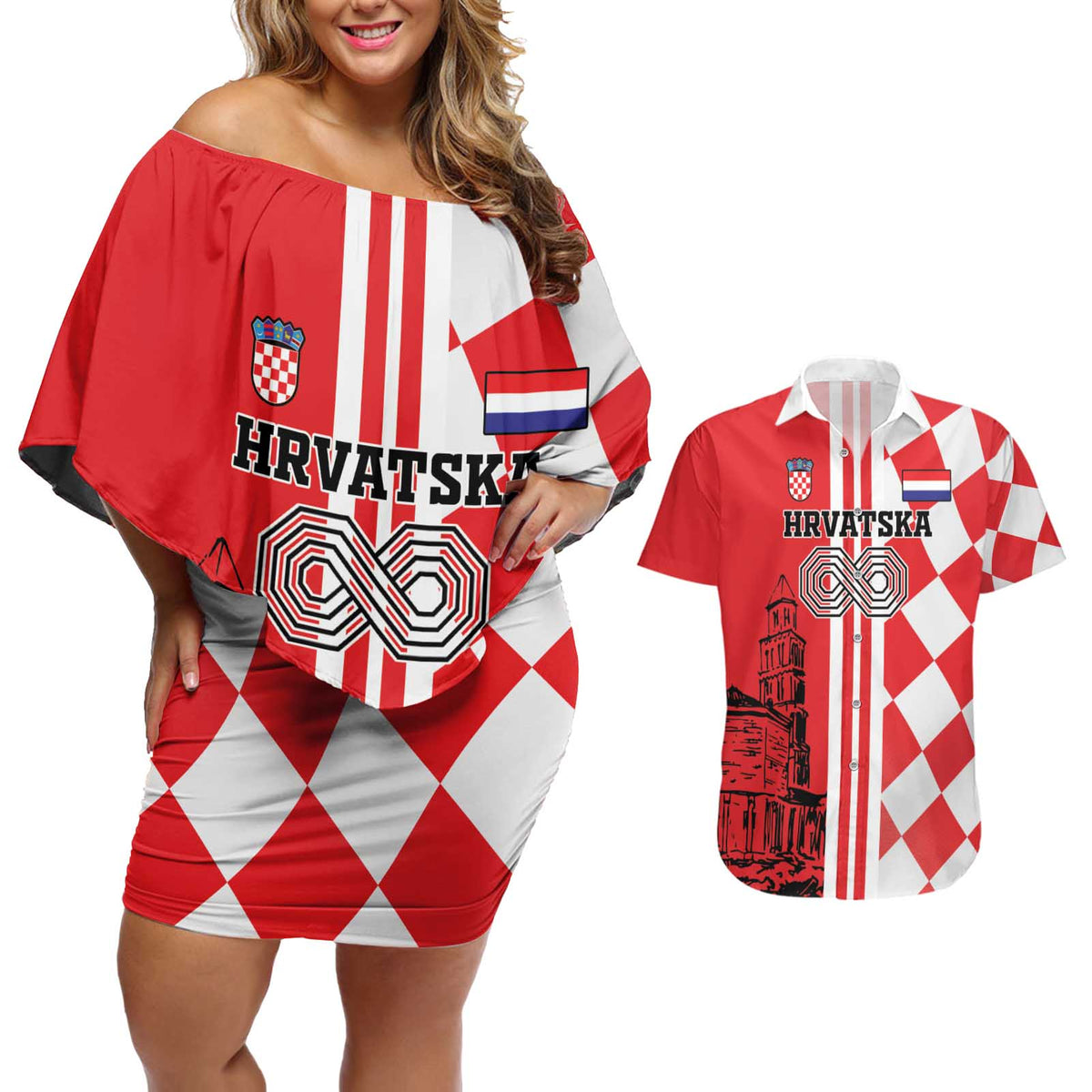 Custom Croatia Couples Matching Off Shoulder Short Dress and Hawaiian Shirt Checkerboard Hrvatska Simple Style - Wonder Print Shop