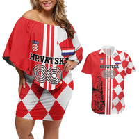 Custom Croatia Couples Matching Off Shoulder Short Dress and Hawaiian Shirt Checkerboard Hrvatska Simple Style - Wonder Print Shop