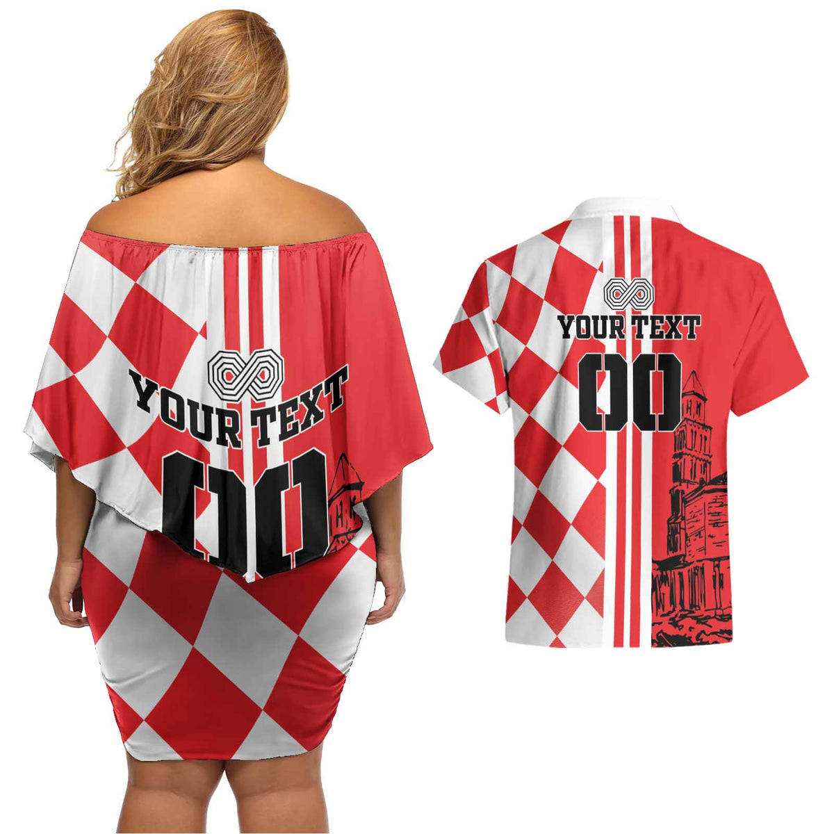 Custom Croatia Couples Matching Off Shoulder Short Dress and Hawaiian Shirt Checkerboard Hrvatska Simple Style - Wonder Print Shop