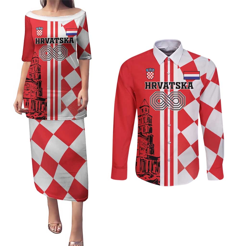 Custom Croatia Couples Matching Puletasi and Long Sleeve Button Shirt Checkerboard Hrvatska Simple Style - Wonder Print Shop