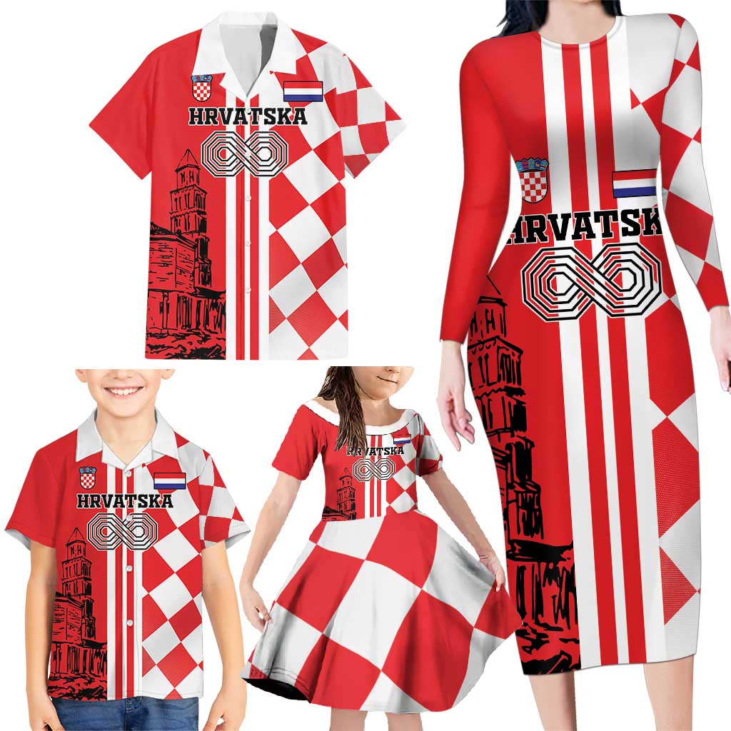 Custom Croatia Family Matching Long Sleeve Bodycon Dress and Hawaiian Shirt Checkerboard Hrvatska Simple Style - Wonder Print Shop