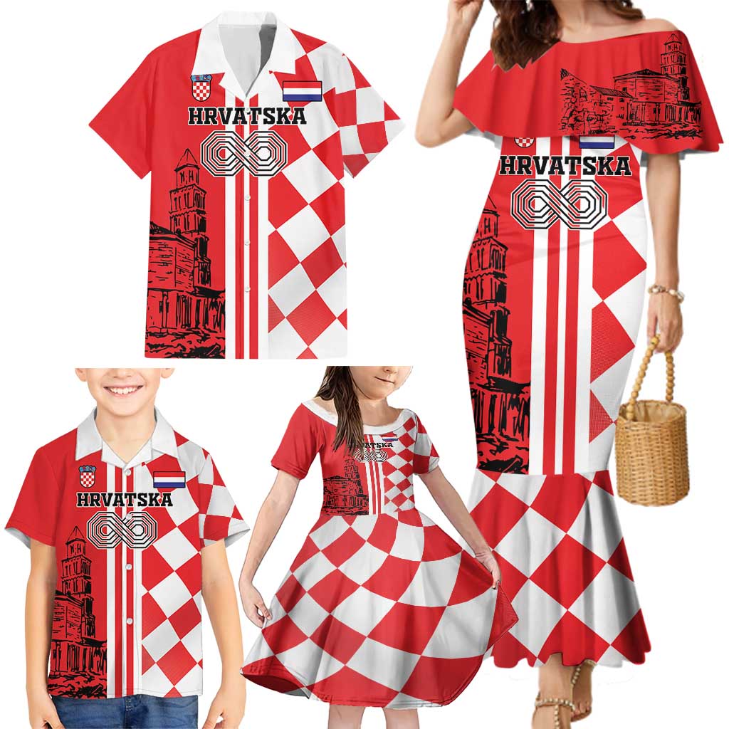Custom Croatia Family Matching Mermaid Dress and Hawaiian Shirt Checkerboard Hrvatska Simple Style - Wonder Print Shop