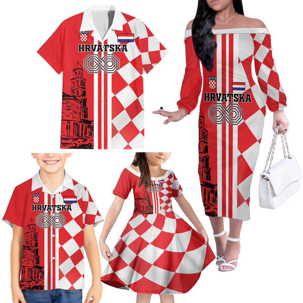 Custom Croatia Family Matching Off The Shoulder Long Sleeve Dress and Hawaiian Shirt Checkerboard Hrvatska Simple Style - Wonder Print Shop