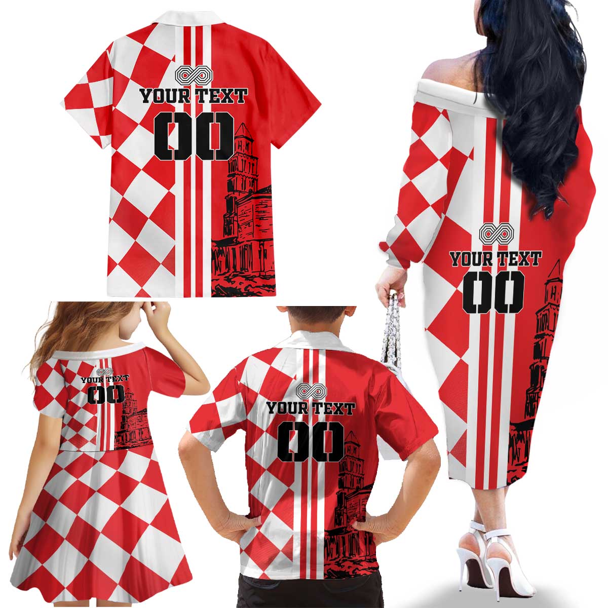 Custom Croatia Family Matching Off The Shoulder Long Sleeve Dress and Hawaiian Shirt Checkerboard Hrvatska Simple Style - Wonder Print Shop