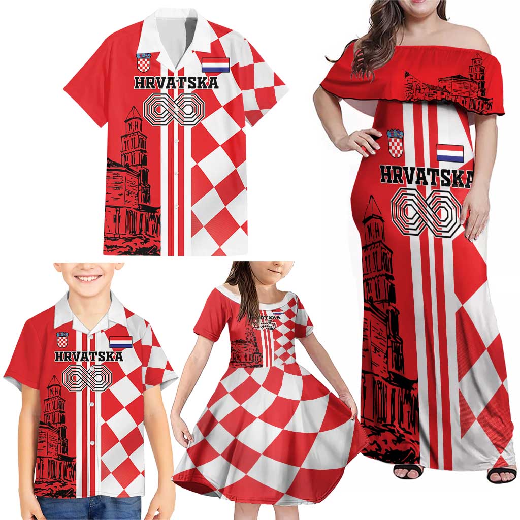 Custom Croatia Family Matching Off Shoulder Maxi Dress and Hawaiian Shirt Checkerboard Hrvatska Simple Style - Wonder Print Shop