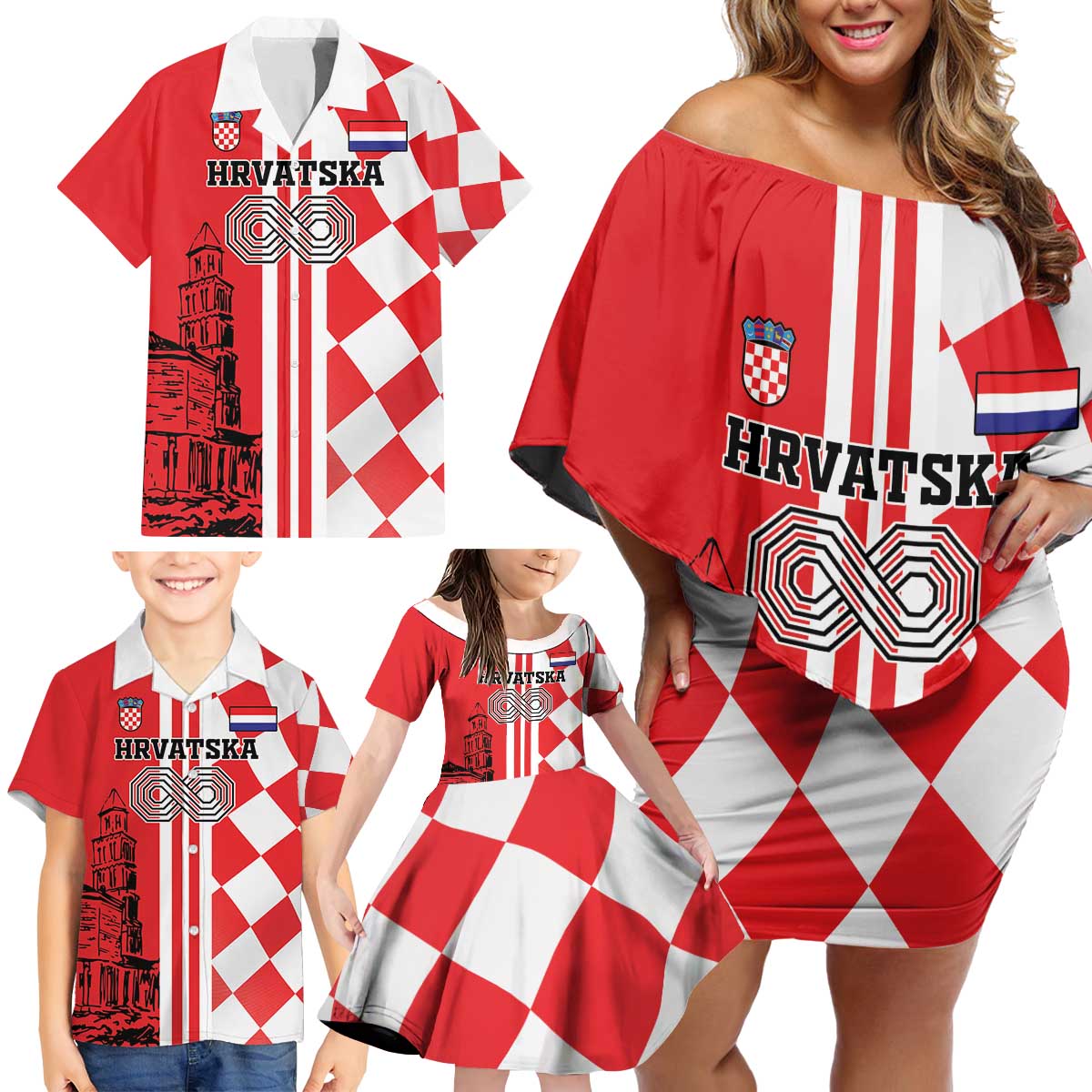 Custom Croatia Family Matching Off Shoulder Short Dress and Hawaiian Shirt Checkerboard Hrvatska Simple Style - Wonder Print Shop
