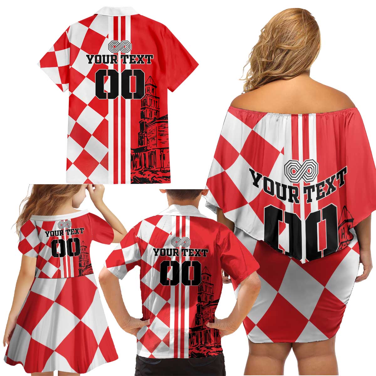 Custom Croatia Family Matching Off Shoulder Short Dress and Hawaiian Shirt Checkerboard Hrvatska Simple Style - Wonder Print Shop