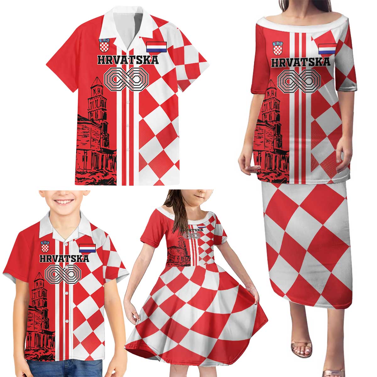 Custom Croatia Family Matching Puletasi and Hawaiian Shirt Checkerboard Hrvatska Simple Style - Wonder Print Shop
