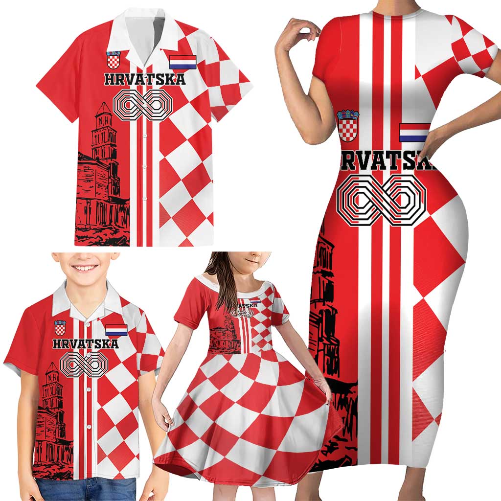Custom Croatia Family Matching Short Sleeve Bodycon Dress and Hawaiian Shirt Checkerboard Hrvatska Simple Style - Wonder Print Shop