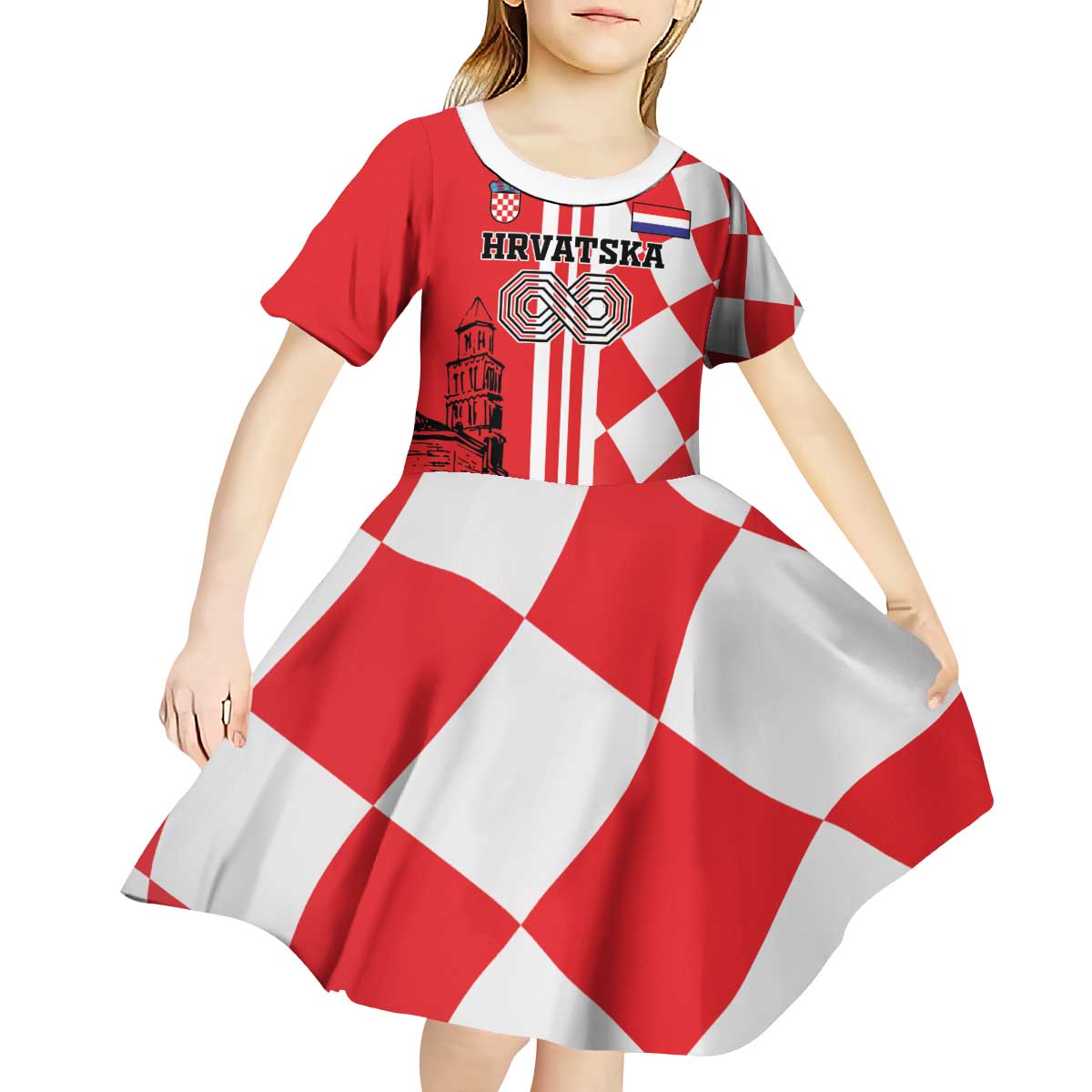 Custom Croatia Kid Short Sleeve Dress Checkerboard Hrvatska Simple Style - Wonder Print Shop