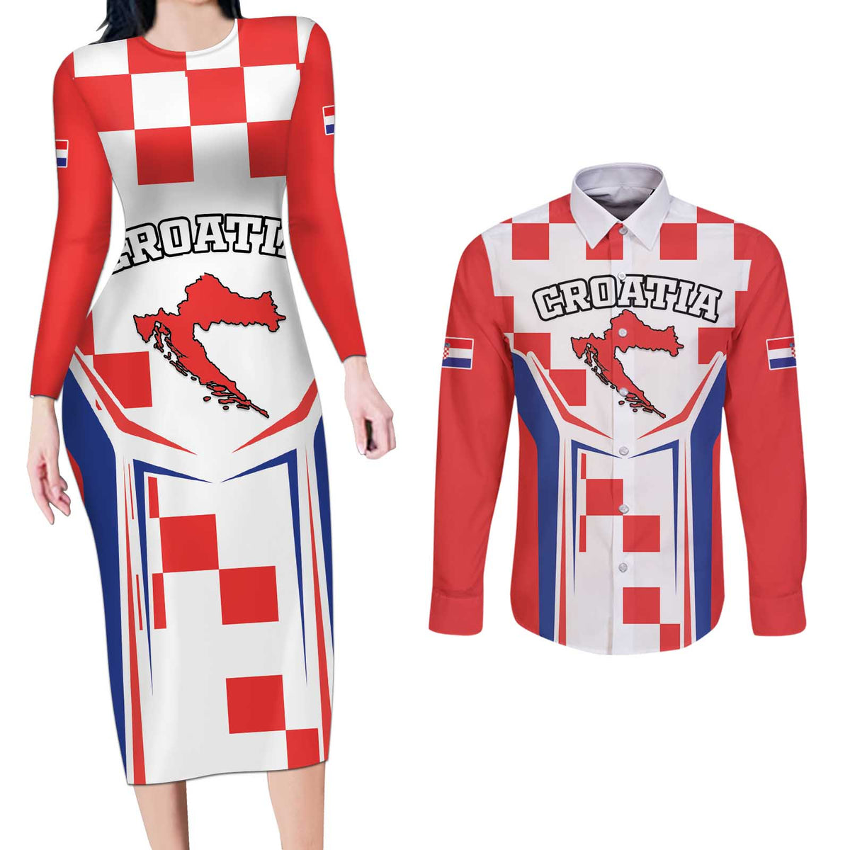 Custom Croatia Checkerboard Couples Matching Long Sleeve Bodycon Dress and Long Sleeve Button Shirt Simple Style - Wonder Print Shop