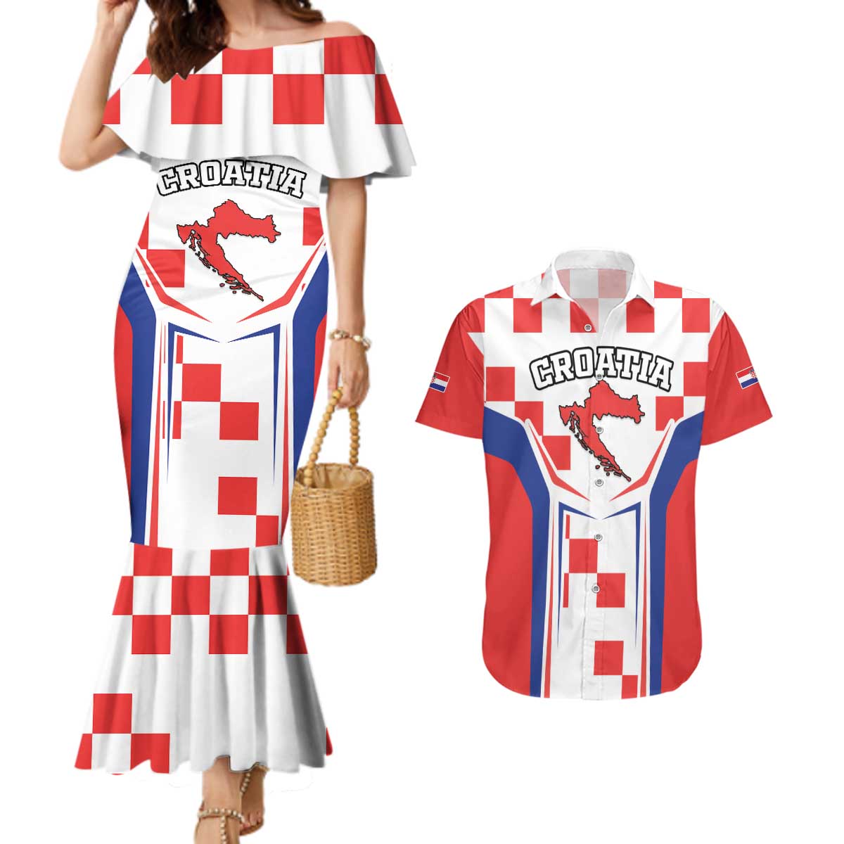 Custom Croatia Checkerboard Couples Matching Mermaid Dress and Hawaiian Shirt Simple Style - Wonder Print Shop