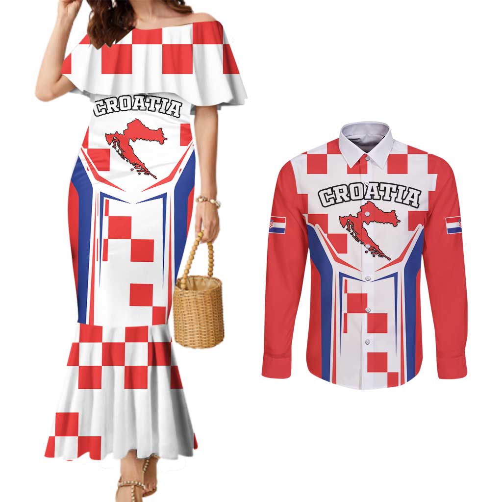 Custom Croatia Checkerboard Couples Matching Mermaid Dress and Long Sleeve Button Shirt Simple Style