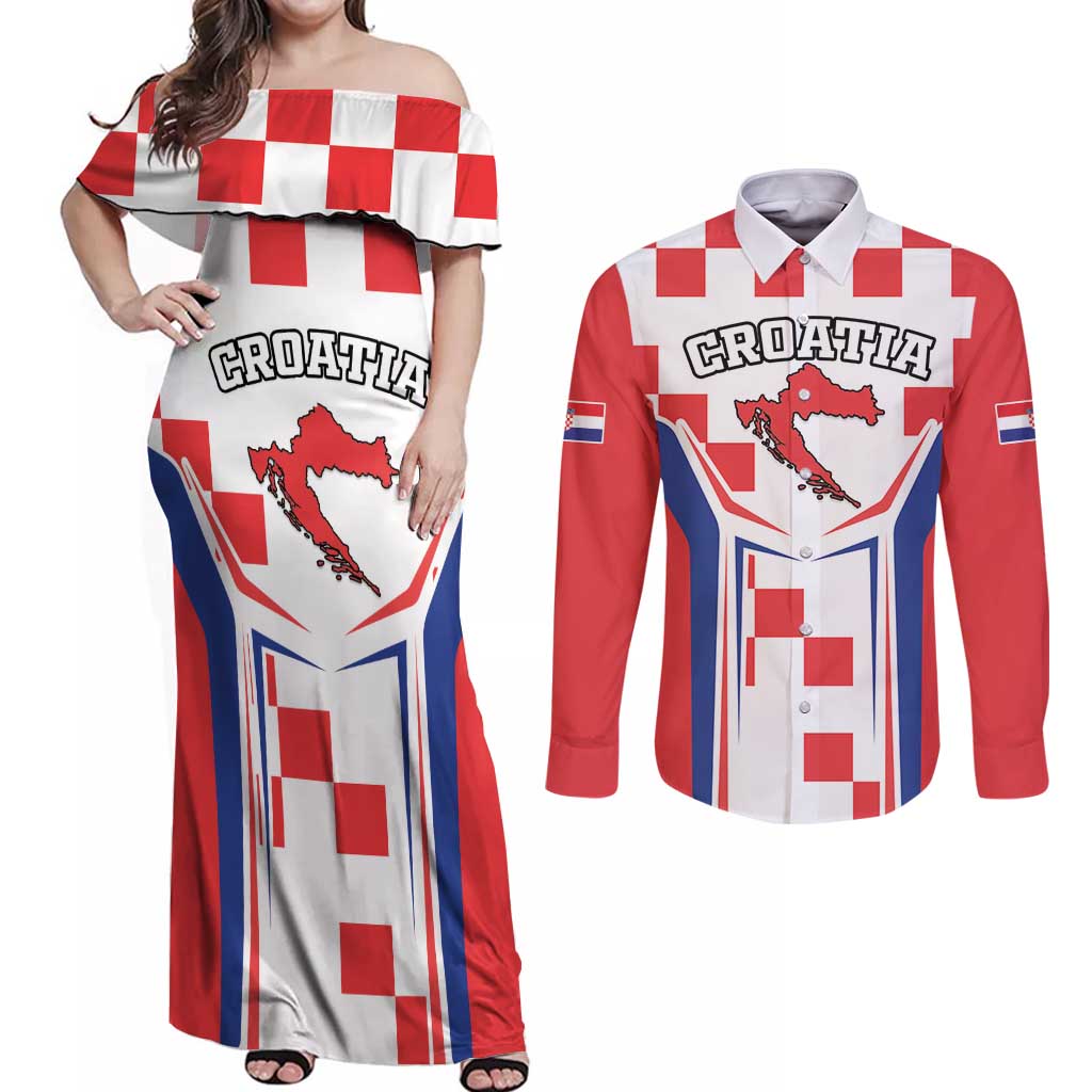 Custom Croatia Checkerboard Couples Matching Off Shoulder Maxi Dress and Long Sleeve Button Shirt Simple Style - Wonder Print Shop