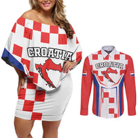 Custom Croatia Checkerboard Couples Matching Off Shoulder Short Dress and Long Sleeve Button Shirt Simple Style - Wonder Print Shop