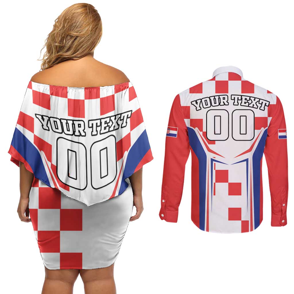 Custom Croatia Checkerboard Couples Matching Off Shoulder Short Dress and Long Sleeve Button Shirt Simple Style - Wonder Print Shop
