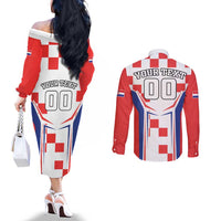 Custom Croatia Checkerboard Couples Matching Off The Shoulder Long Sleeve Dress and Long Sleeve Button Shirt Simple Style