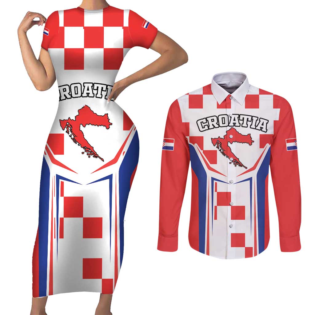 Custom Croatia Checkerboard Couples Matching Short Sleeve Bodycon Dress and Long Sleeve Button Shirt Simple Style - Wonder Print Shop
