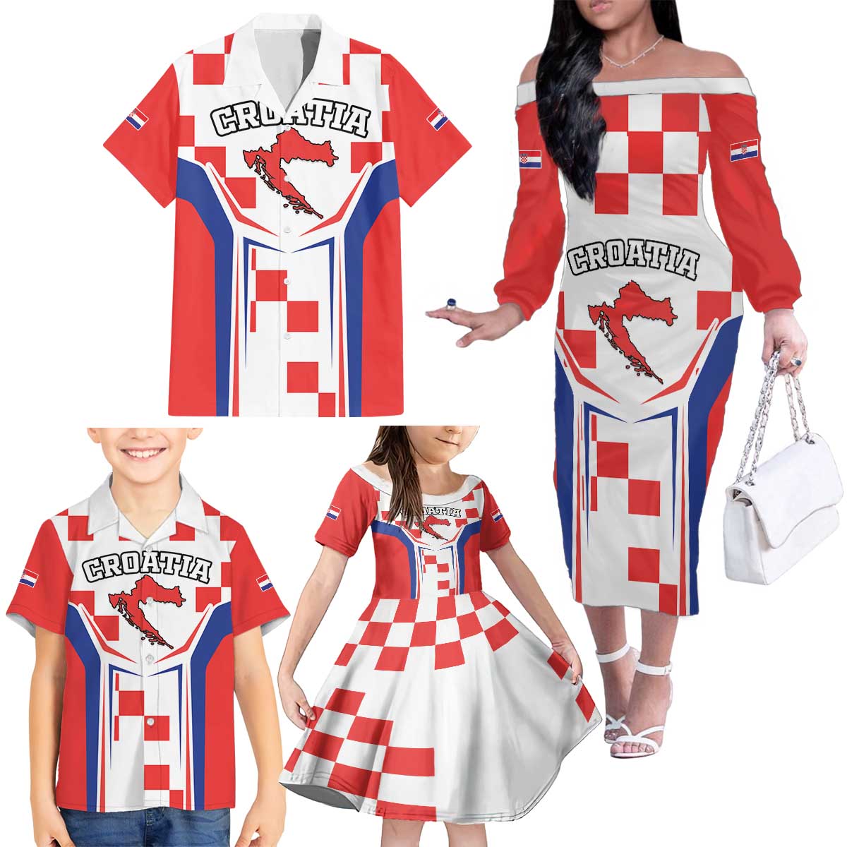 Custom Croatia Checkerboard Family Matching Off The Shoulder Long Sleeve Dress and Hawaiian Shirt Simple Style - Wonder Print Shop