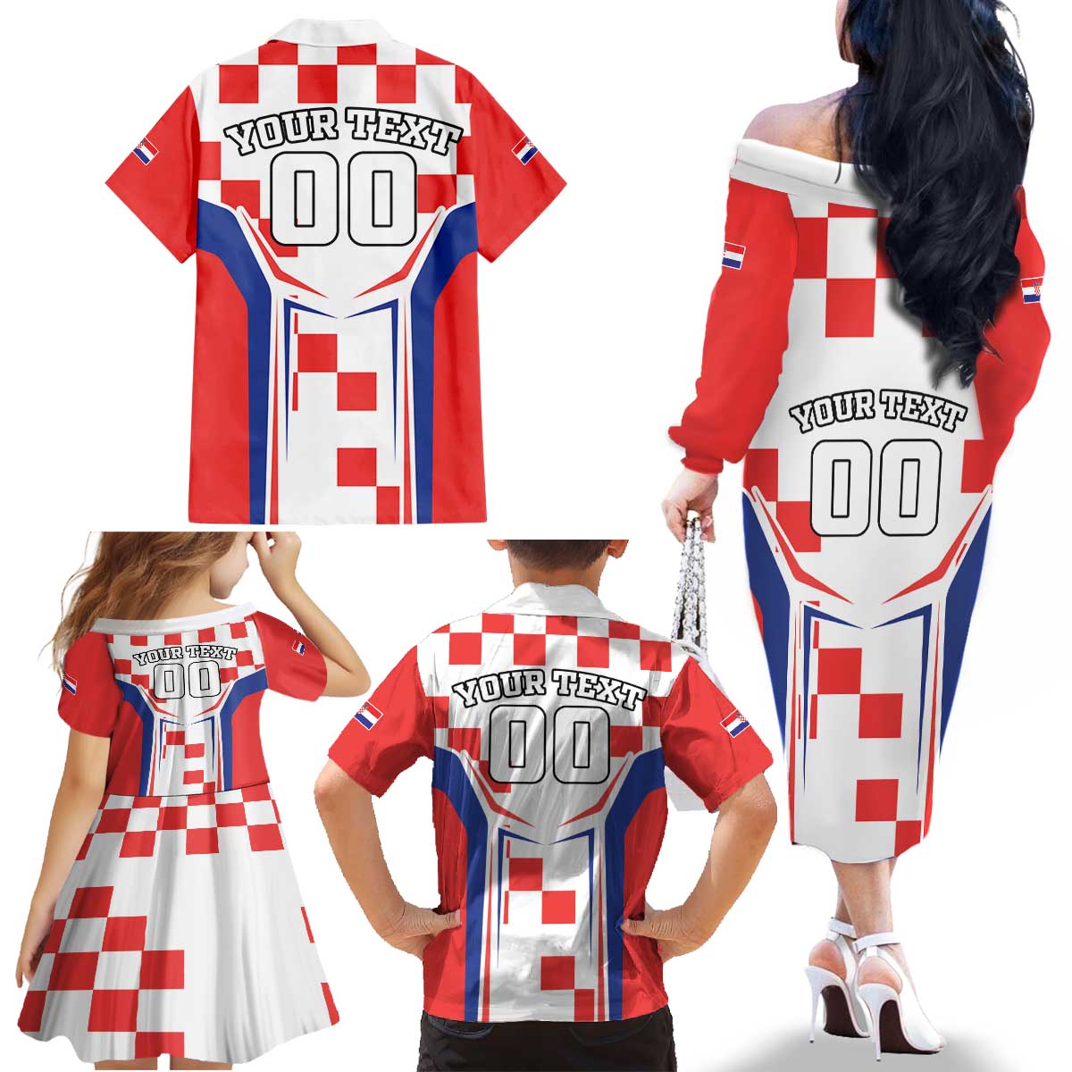 Custom Croatia Checkerboard Family Matching Off The Shoulder Long Sleeve Dress and Hawaiian Shirt Simple Style - Wonder Print Shop