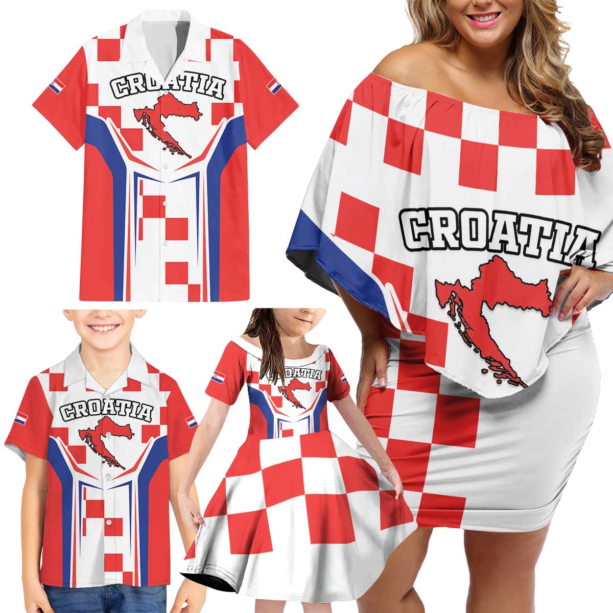 Custom Croatia Checkerboard Family Matching Off Shoulder Short Dress and Hawaiian Shirt Simple Style - Wonder Print Shop