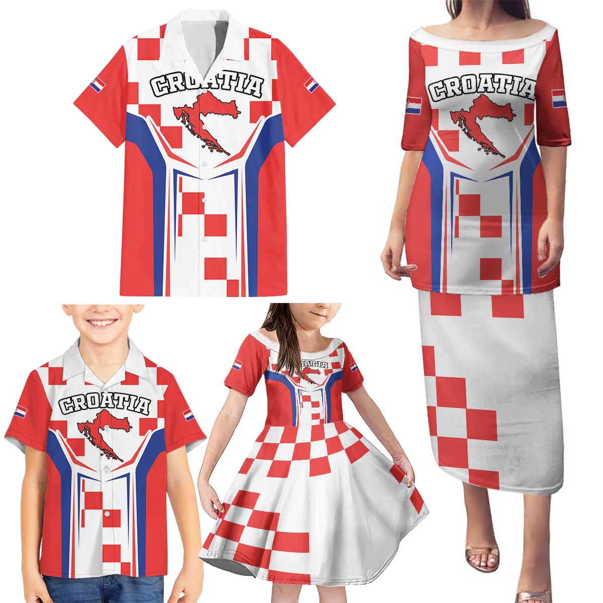 Custom Croatia Checkerboard Family Matching Puletasi and Hawaiian Shirt Simple Style - Wonder Print Shop