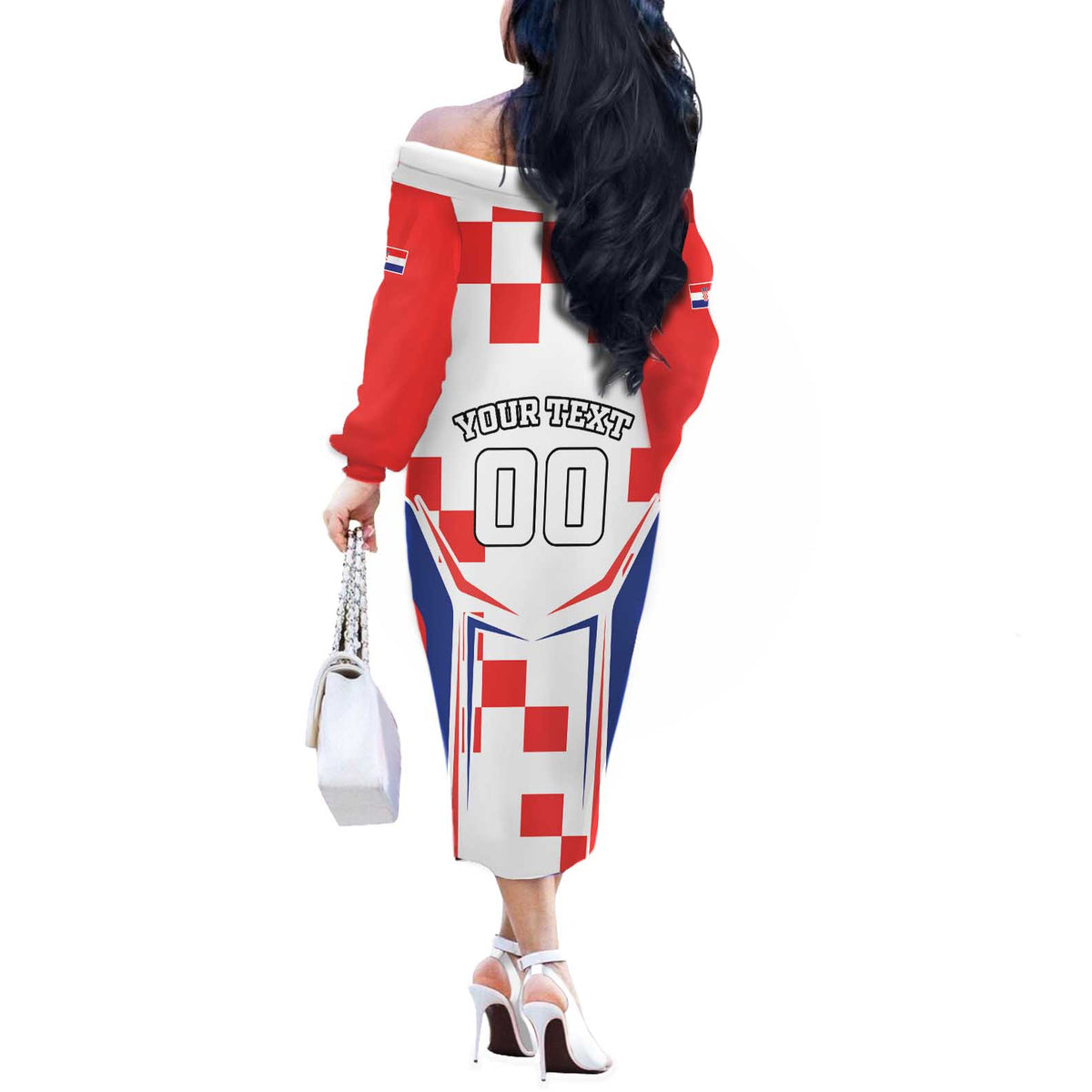 Custom Croatia Checkerboard Off The Shoulder Long Sleeve Dress Simple Style - Wonder Print Shop