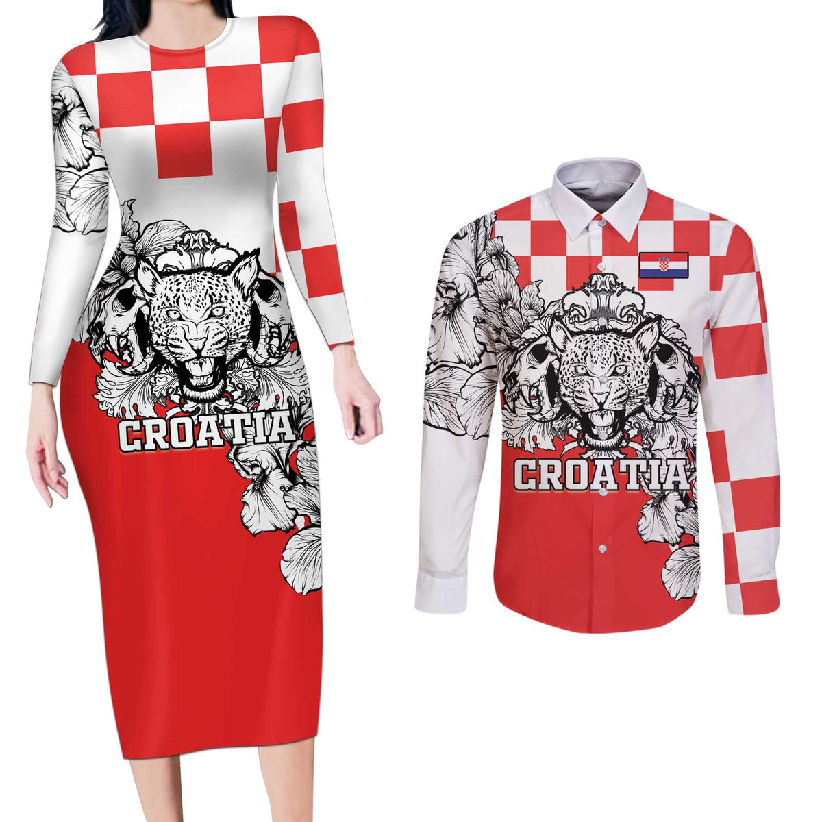 Personalized Croatia Leopard Heads Couples Matching Long Sleeve Bodycon Dress and Long Sleeve Button Shirt With Iris - Wonder Print Shop