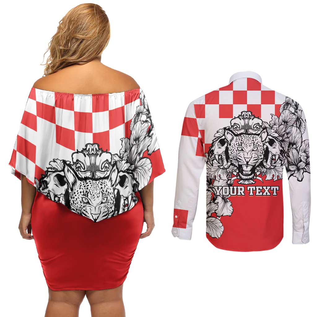 Personalized Croatia Leopard Heads Couples Matching Off Shoulder Short Dress and Long Sleeve Button Shirt With Iris - Wonder Print Shop