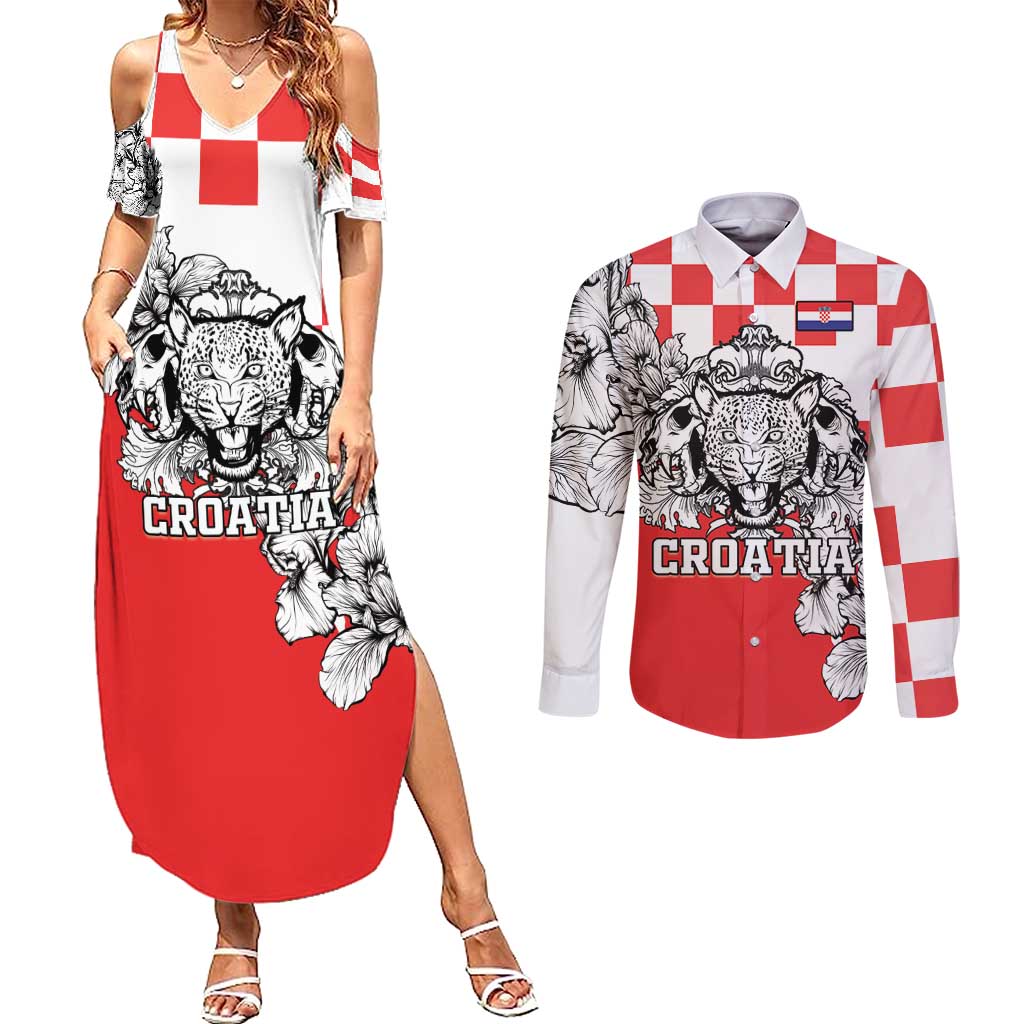Personalized Croatia Leopard Heads Couples Matching Summer Maxi Dress and Long Sleeve Button Shirt With Iris - Wonder Print Shop