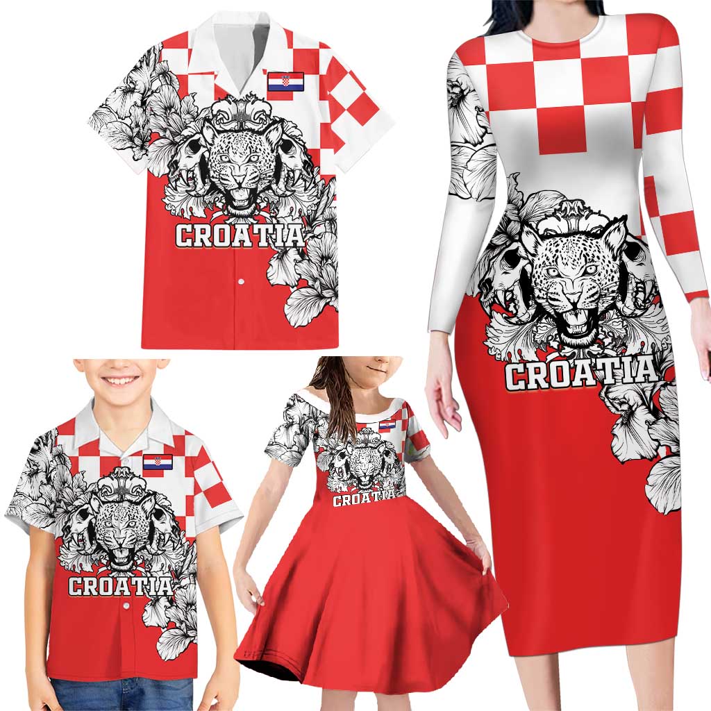 Personalized Croatia Leopard Heads Family Matching Long Sleeve Bodycon Dress and Hawaiian Shirt With Iris - Wonder Print Shop