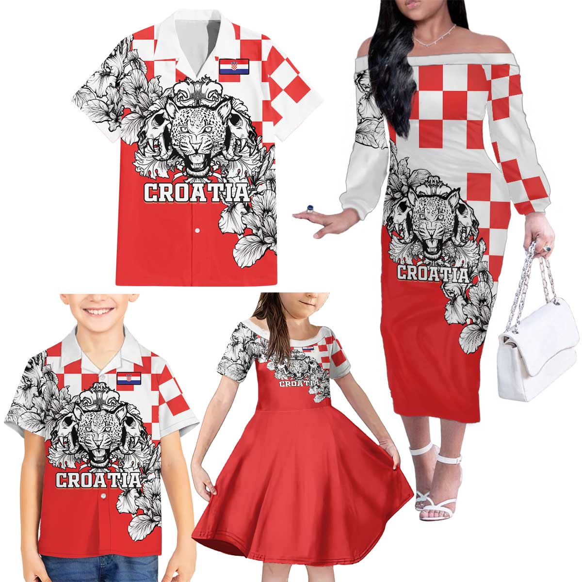 Personalized Croatia Leopard Heads Family Matching Off The Shoulder Long Sleeve Dress and Hawaiian Shirt With Iris - Wonder Print Shop