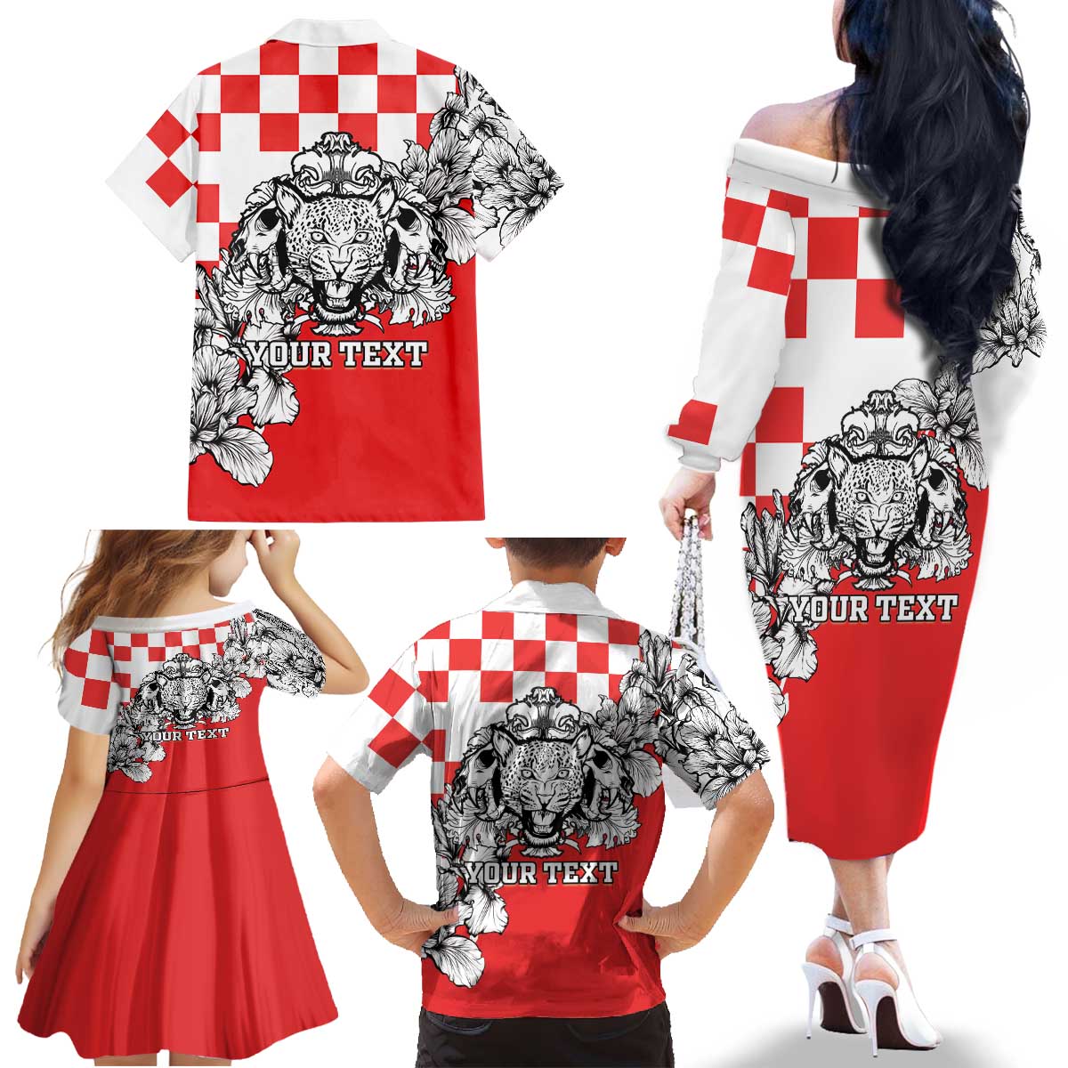 Personalized Croatia Leopard Heads Family Matching Off The Shoulder Long Sleeve Dress and Hawaiian Shirt With Iris - Wonder Print Shop