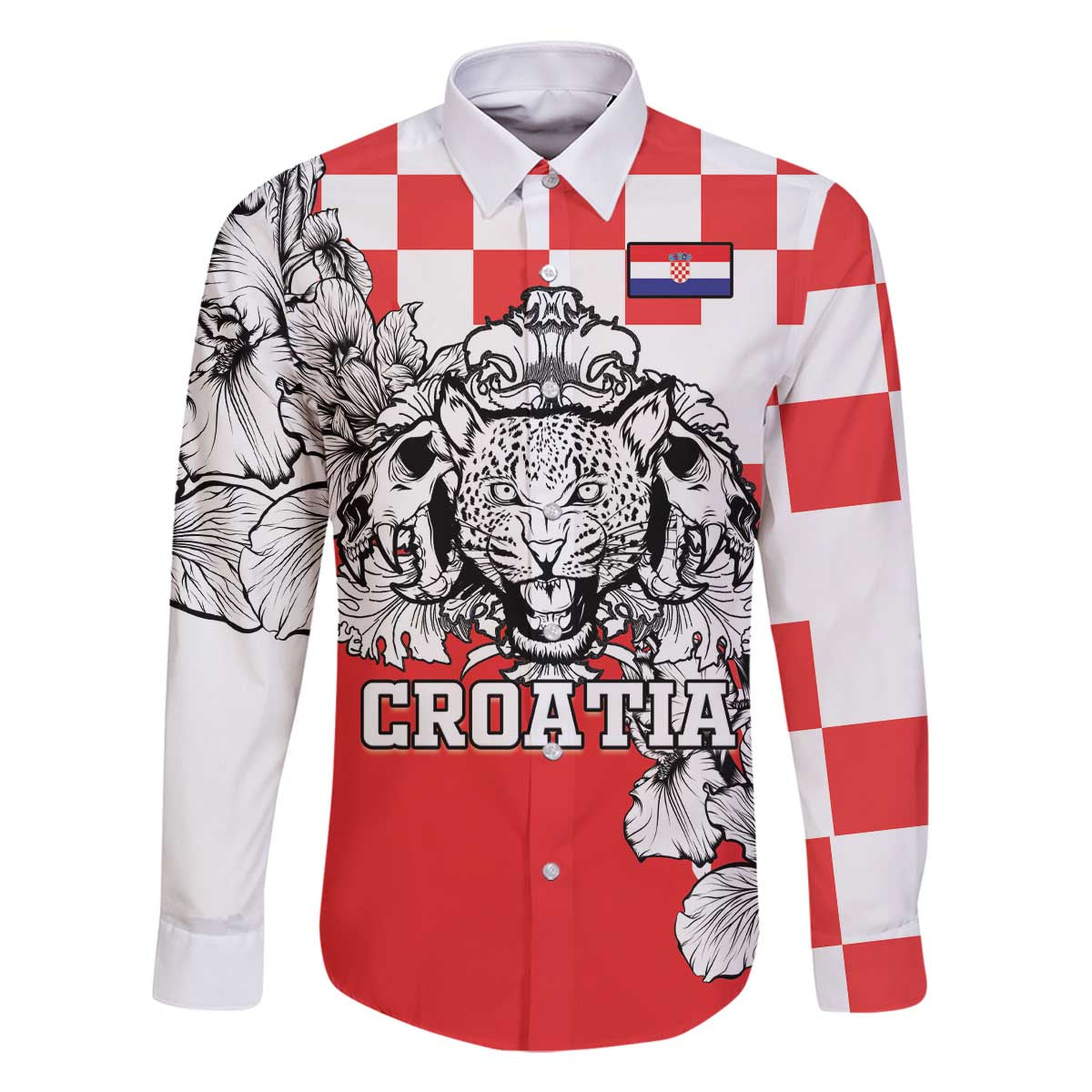 Personalized Croatia Leopard Heads Family Matching Off The Shoulder Long Sleeve Dress and Hawaiian Shirt With Iris - Wonder Print Shop