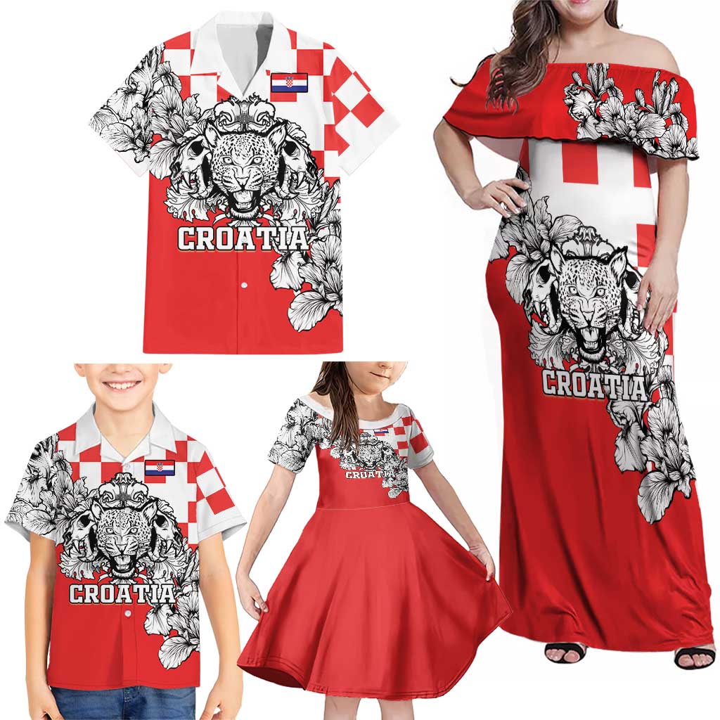 Personalized Croatia Leopard Heads Family Matching Off Shoulder Maxi Dress and Hawaiian Shirt With Iris - Wonder Print Shop